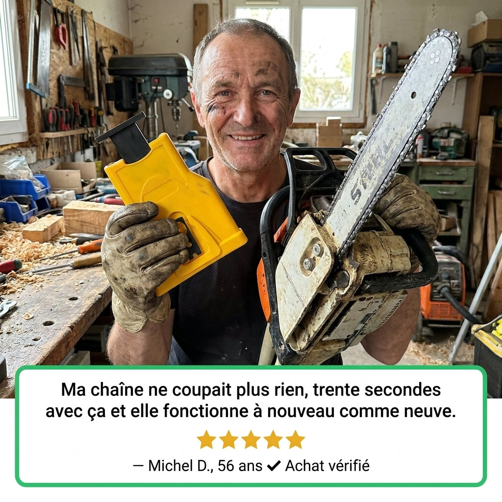 Affût’PRO Affûteur de Tronçonneuse Ultra-Rapide – Précision Instantanée pour Coupe Efficace