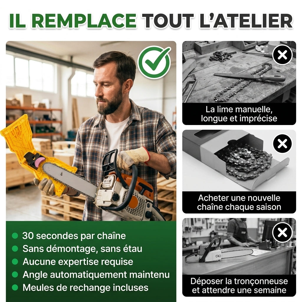 Affût’PRO Affûteur de Tronçonneuse Ultra-Rapide – Précision Instantanée pour Coupe Efficace