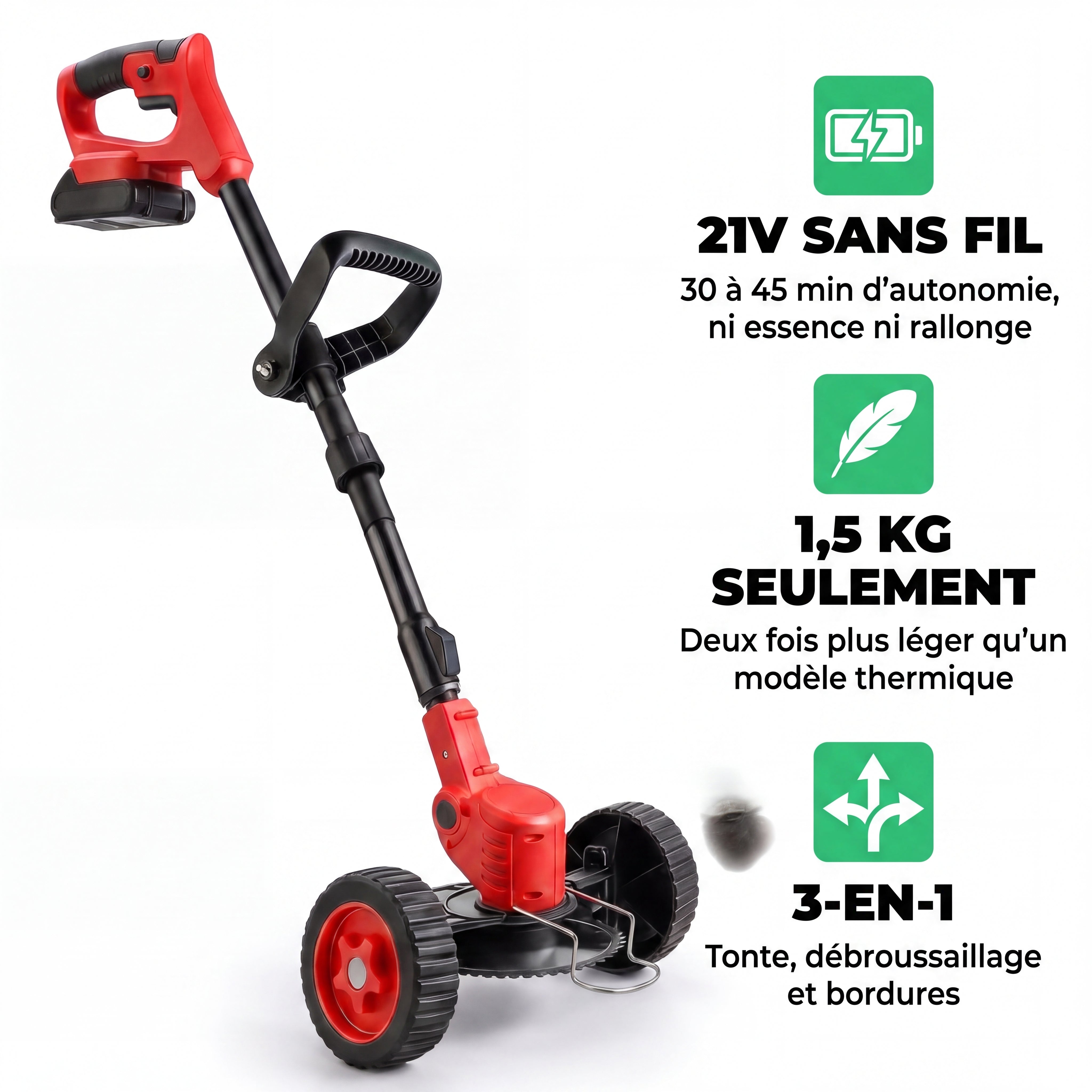 D50 PRO — Coupe-Bordures Sans Fil 3-en-1 sur Roues